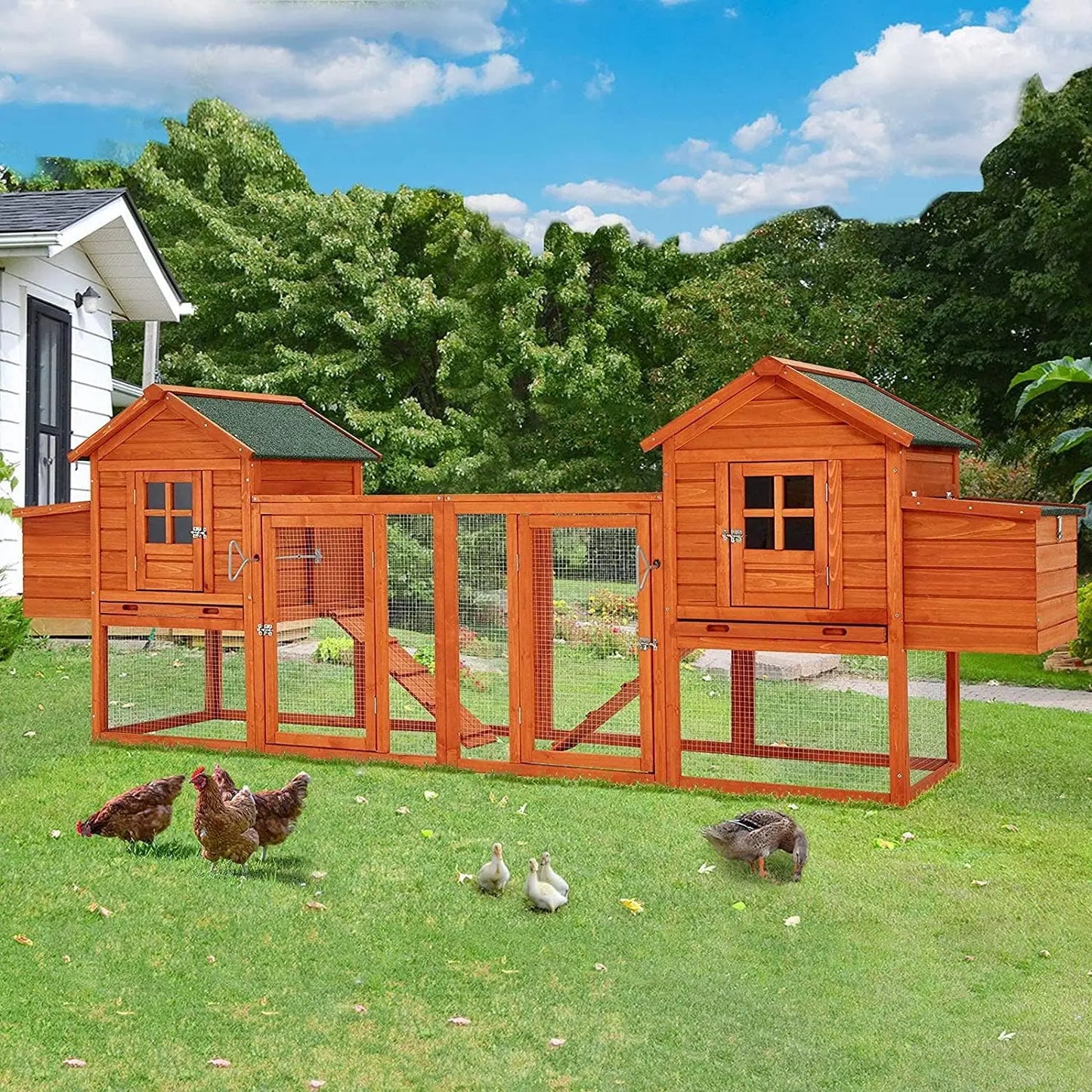 Large Chicken Coop for 10 Chickens with Run, Nesting Boxes, Removable Tray, Roosting Bars, Ramp - Outdoor Wooden Hen House