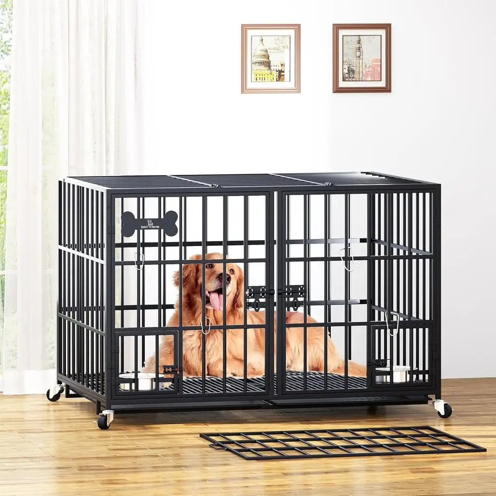 Double Dog Heavy Duty Metal Crate, Stackable with Wheels, Floor Grid, Tray, Divider, and Bowls