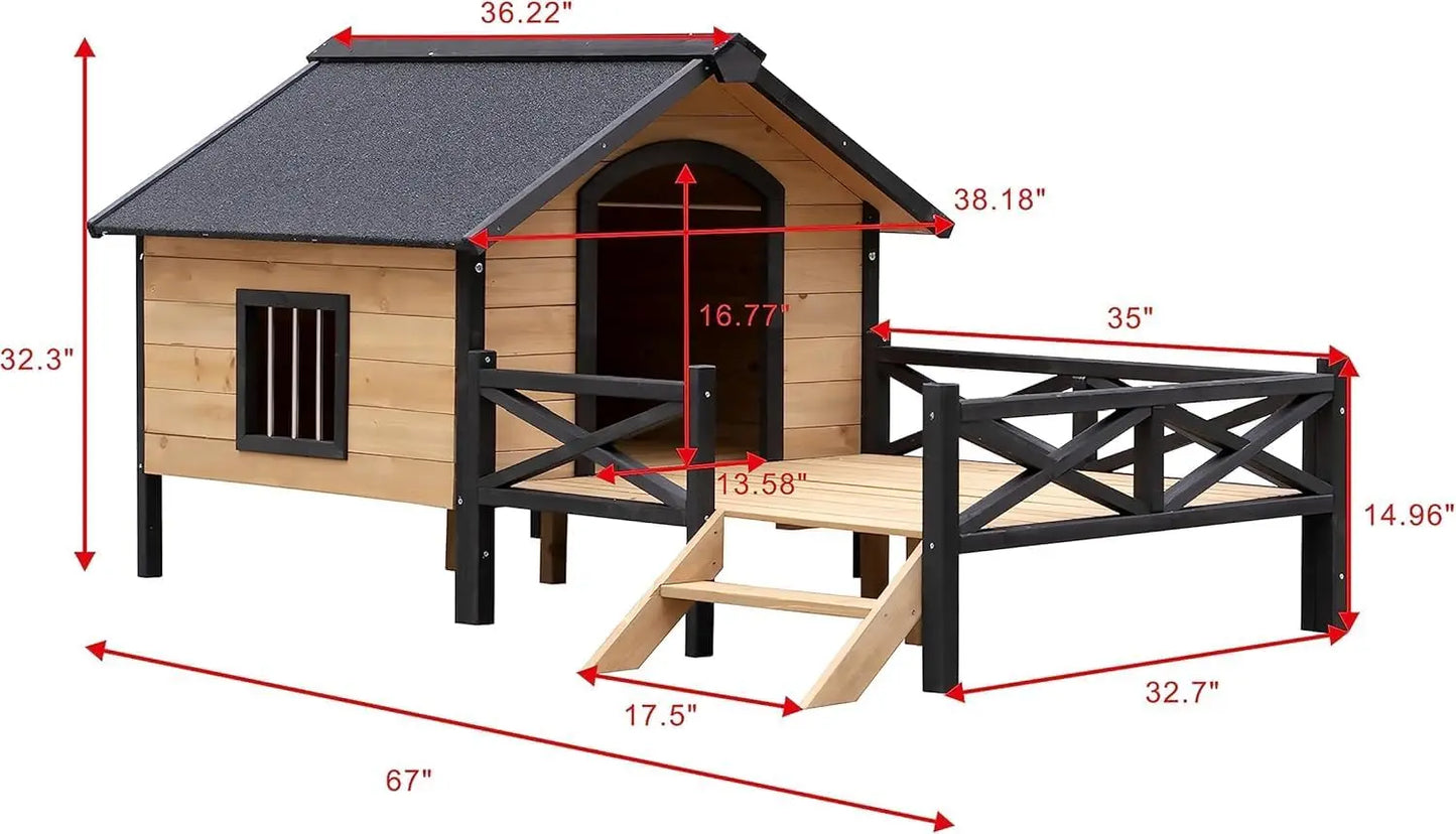 Weatherproof Wooden Dog House Cabin Style w/ Porch Elevated Floor Outdoor Puppy Shelter Small Medium Breeds, Custom