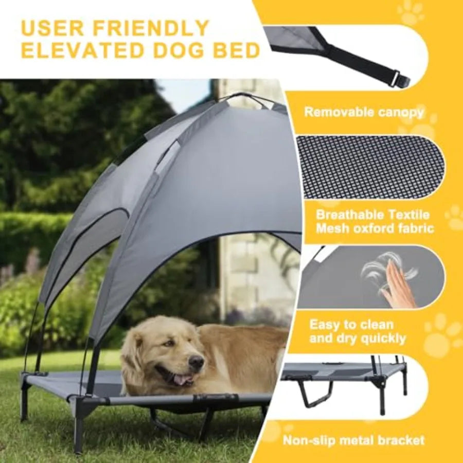 Elevated Dog Bed with Canopy 48-inch Waterproof Pet Cot Portable Outdoor Pet Bed with Carry Bag Indoor/Outdoor Cooling Canopy D