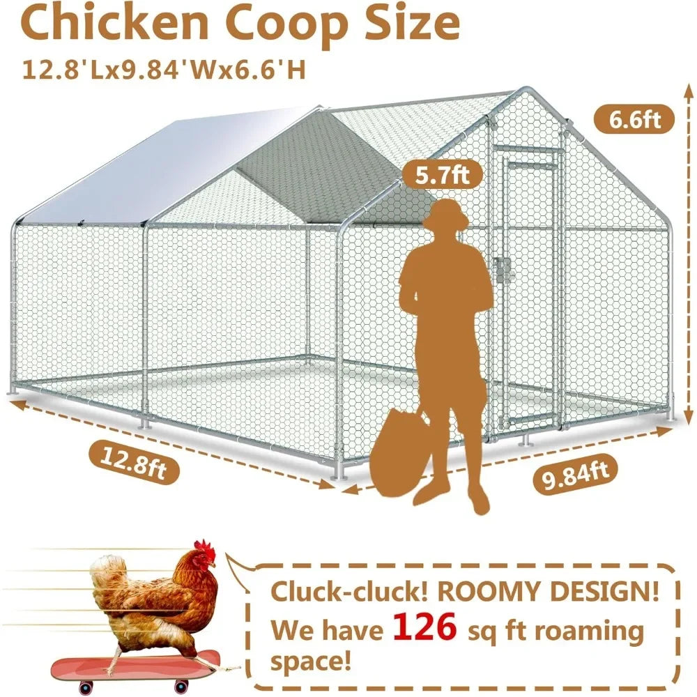 Large Metal Chicken Coop 12.8x9.84x6.6ft Chicken Runs for Yard with Cover, Walk in Chicken Coops for 10 Chickens, Heavy Duty Chi