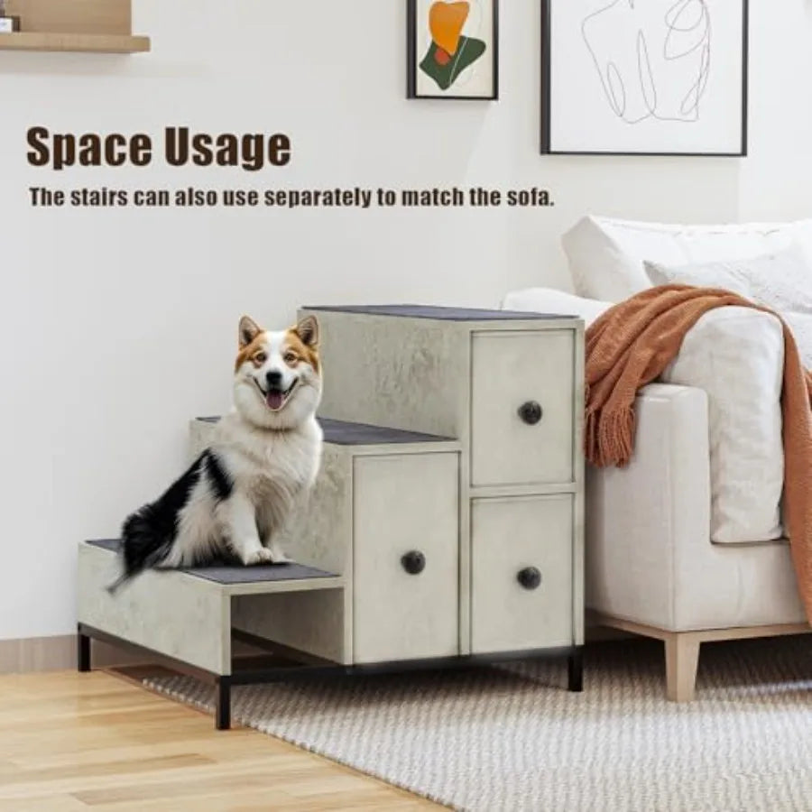 Pet Bunk Bed with Stairs and Storage for Dogs/Cats Window Perch and Bedside Lounge Elevated Multi-Level Platform in Gray Fabric