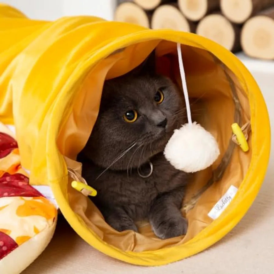 Cat Tunnel Bed - Peek-a-Boo Pizza Shape Design for Cozy and Playful Animals - 9.8 -Inch Diameter Yellow