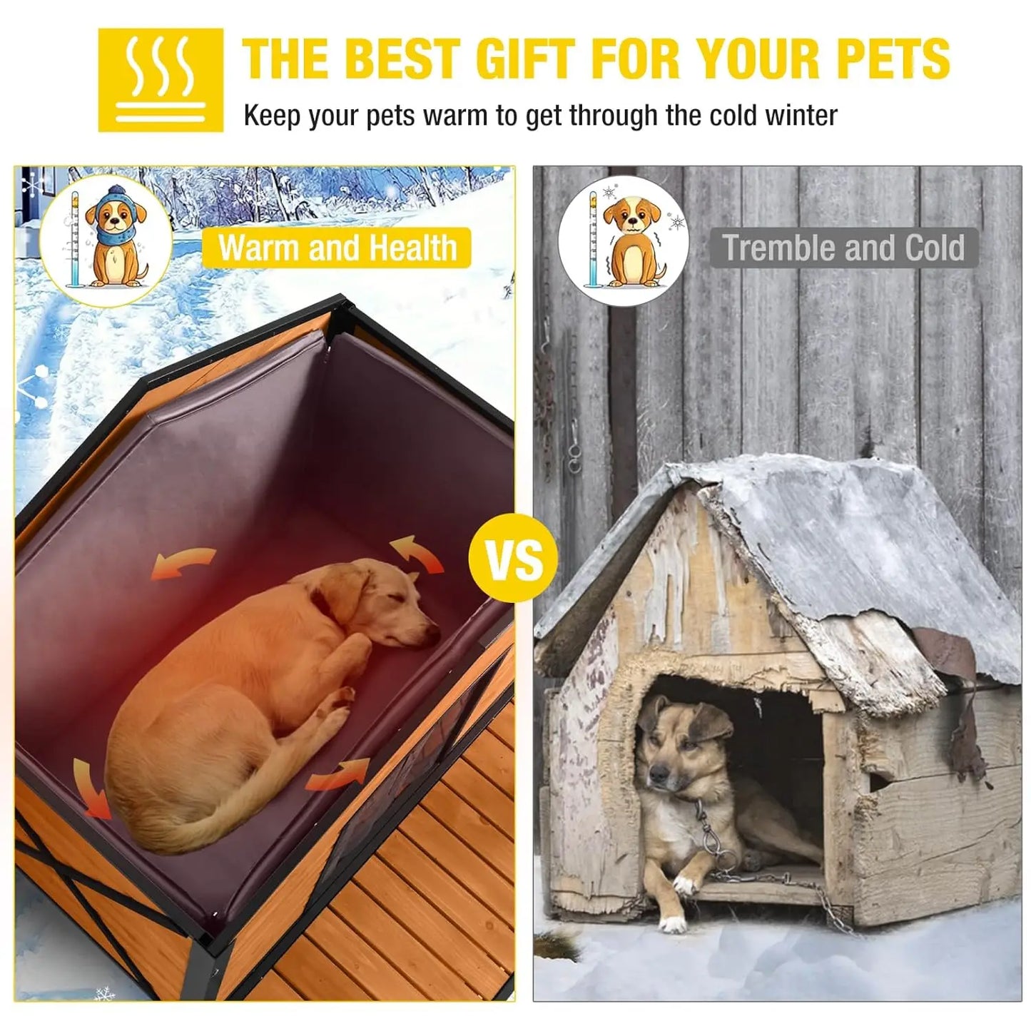 Insulated Outdoor Dog House Metal Frame Weatherproof Large Breed Shelter 41.5in Durable Kennel, Custom