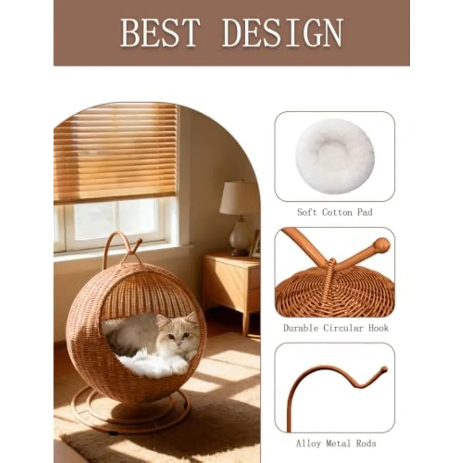 Wicker Cat Bed Indoor Outdoor Handwoven PP Rattan Cat Swing Bed with Removable Washable Cushion Breathable Waterproof Cat House