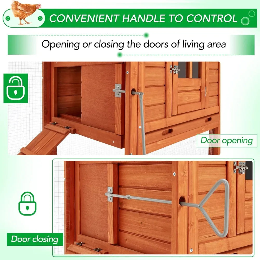 Large Chicken Coop for 10 Chickens with Run, Nesting Boxes, Removable Tray, Roosting Bars, Ramp - Outdoor Wooden Hen House