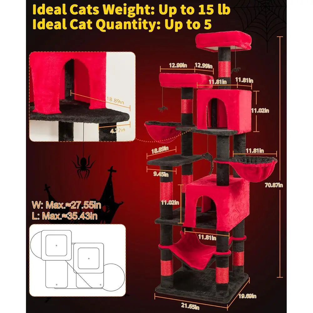 Gothic Cat Tree, 70 Inch Tall Cat Tower or Indoor Cats, Multi-Level Cat Tree with Scratching Post, Hammock, Hanging Basket, Larg
