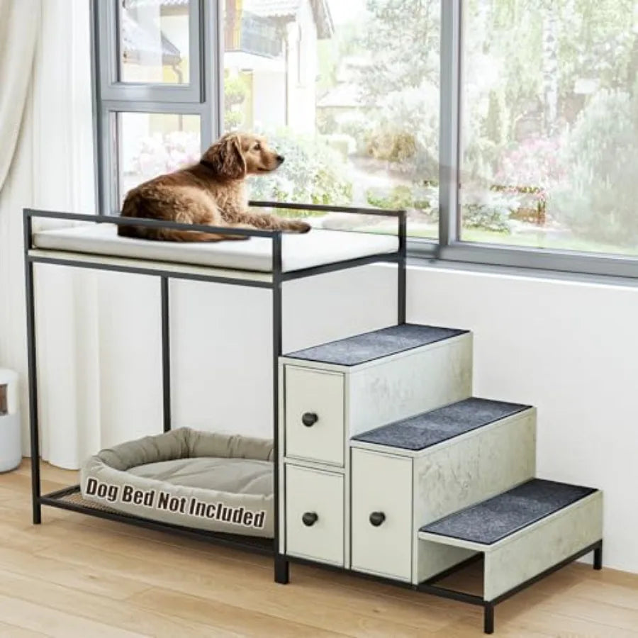 Pet Bunk Bed with Stairs and Storage for Dogs/Cats Window Perch and Bedside Lounge Elevated Multi-Level Platform in Gray Fabric