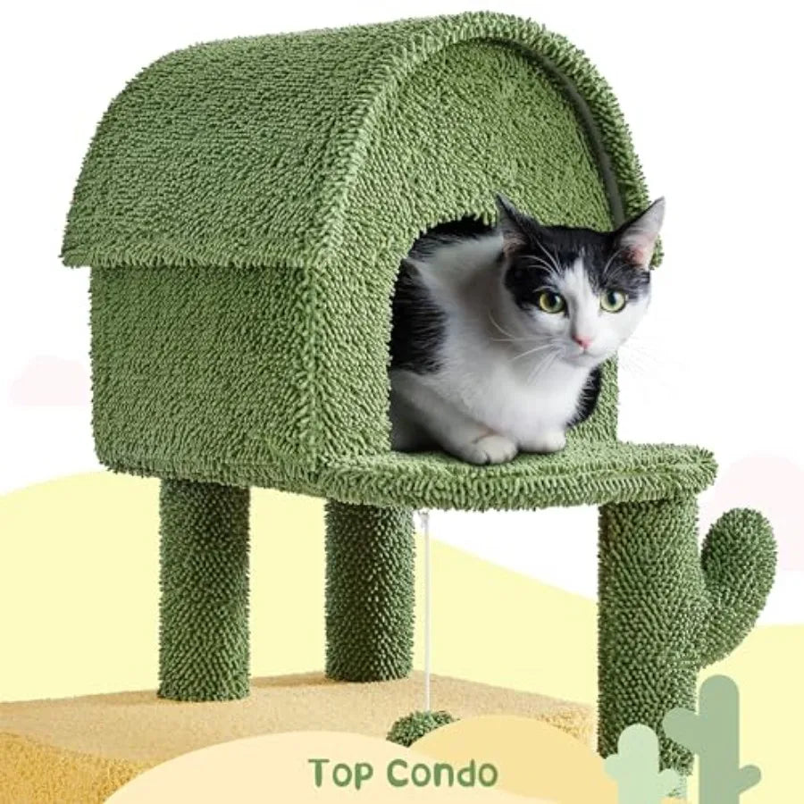 68.5in Tall Cactus Cat Tree Multi-Level Tower with 2 Large Condos Scratching Posts 2 Acrylic Clear Bowls Mushroom Perch Danglin