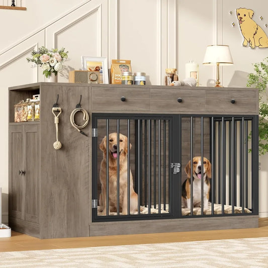 Dog Crate Furniture with Storage Drawers and Cabinet, Single/Double Dog Kennel Indoor with Removable Divider，Customized