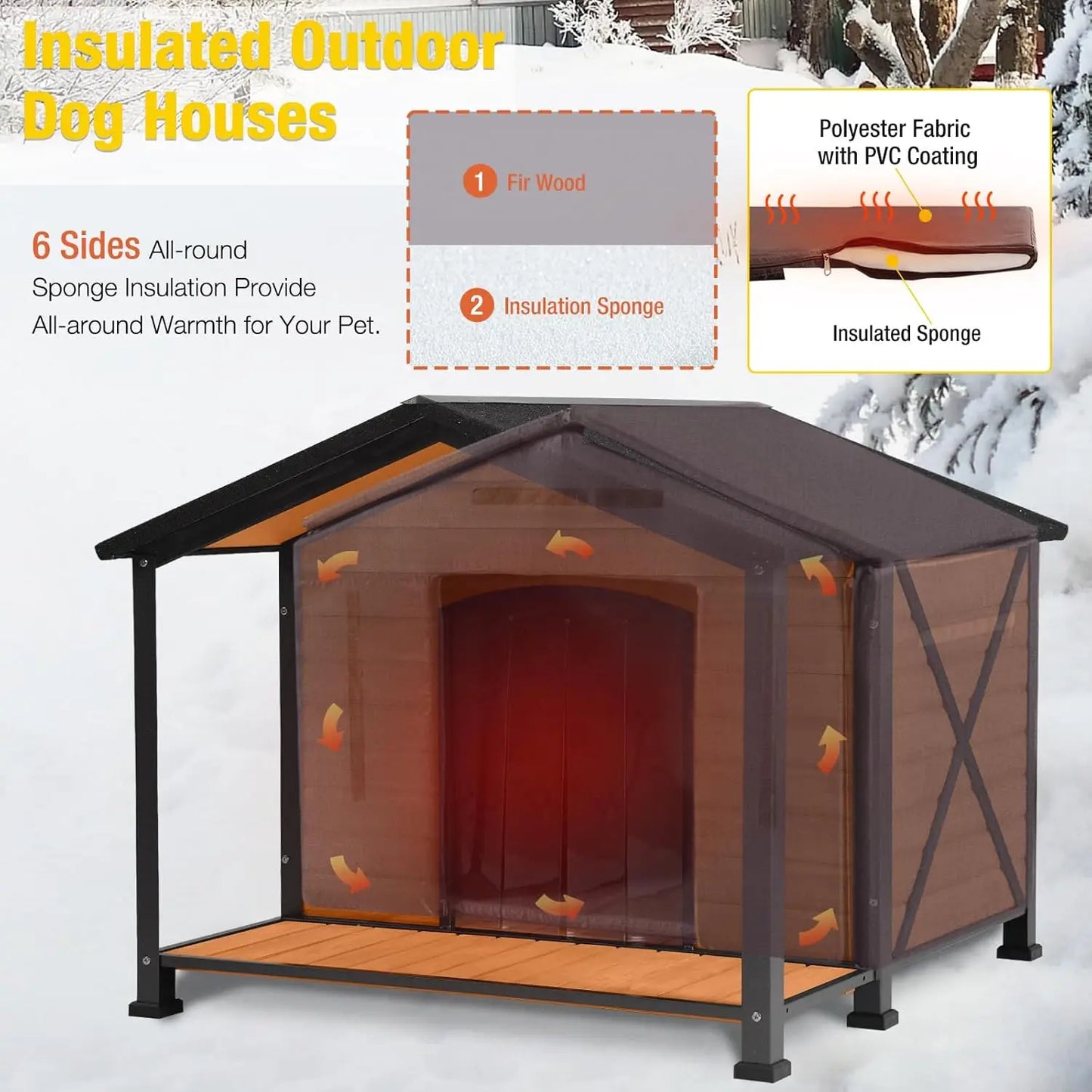 Insulated Outdoor Dog House Metal Frame Weatherproof Large Breed Shelter 41.5in Durable Kennel, Custom