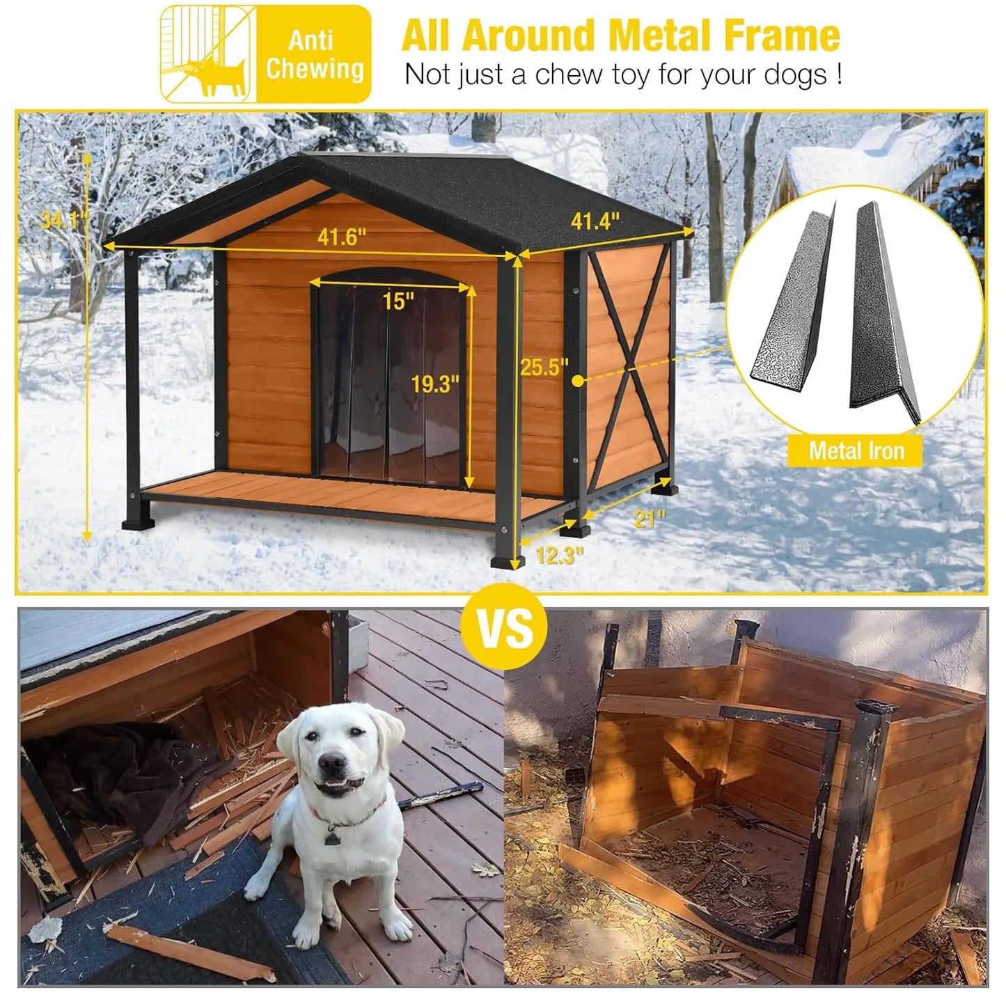 Insulated Outdoor Dog House Metal Frame Weatherproof Large Breed Shelter 41.5in Durable Kennel, Custom