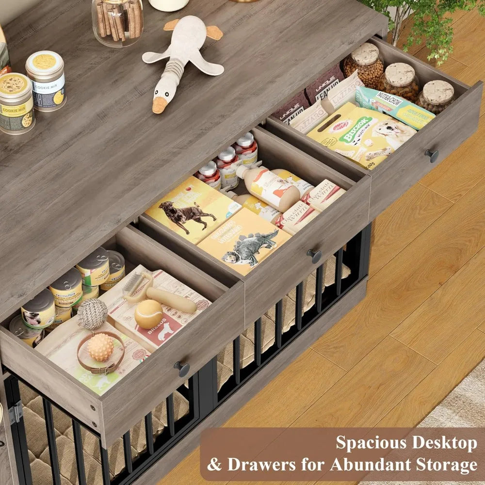 Dog Crate Furniture with Storage Drawers and Cabinet, Single/Double Dog Kennel Indoor with Removable Divider，Customized