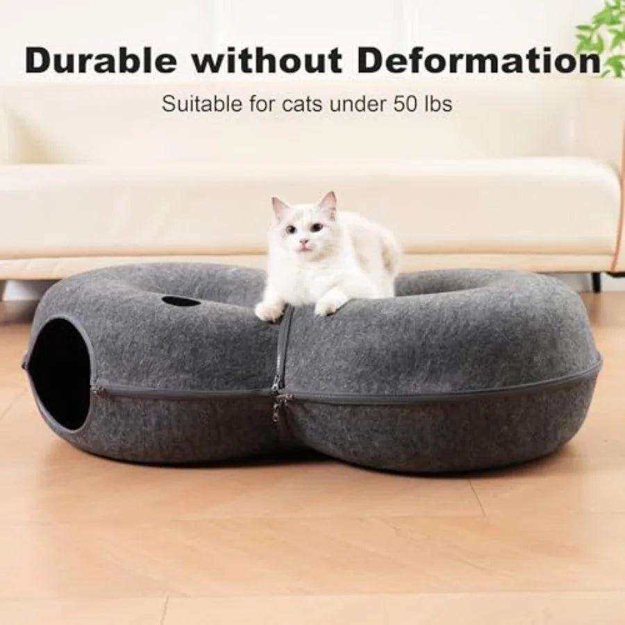Indoor cat tunnel bed: 8-shaped large donut tunnel in gray fabric soft plush material infinite circulation design with 12 toy b
