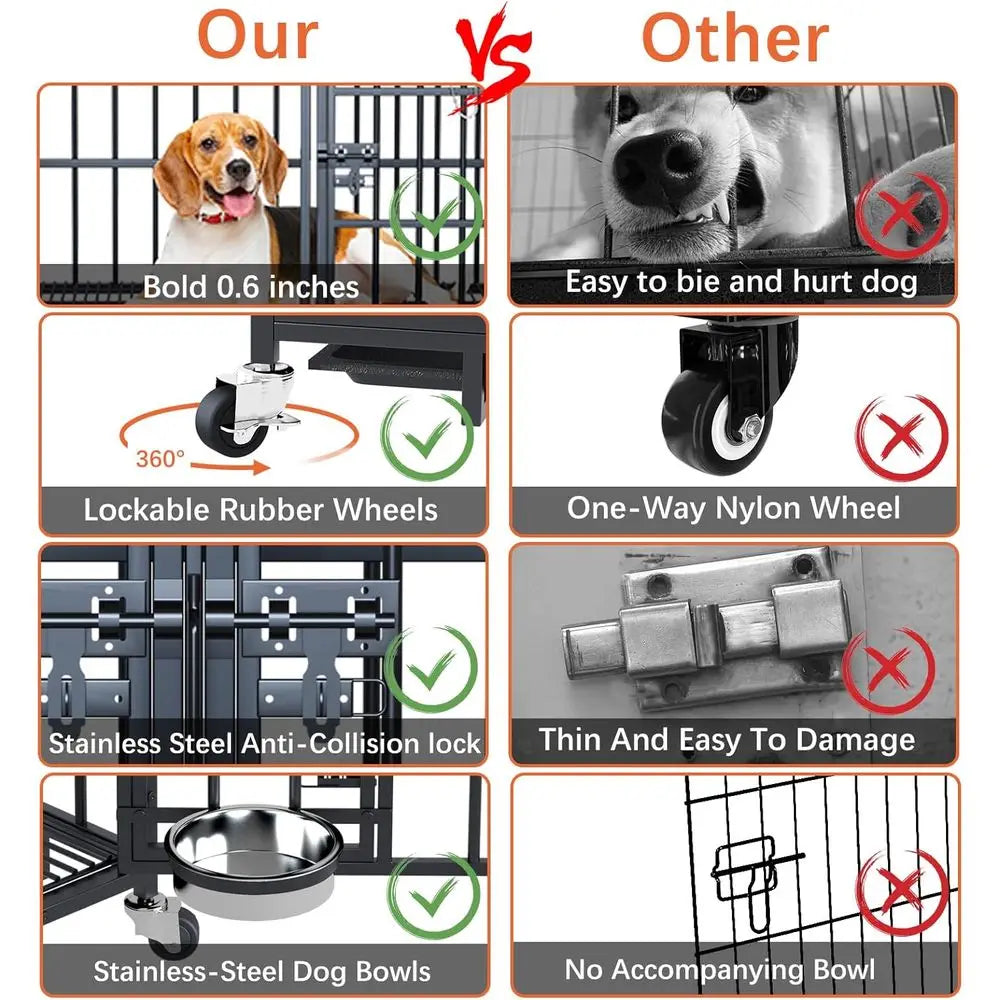 Double Dog Heavy Duty Metal Crate, Stackable with Wheels, Floor Grid, Tray, Divider, and Bowls