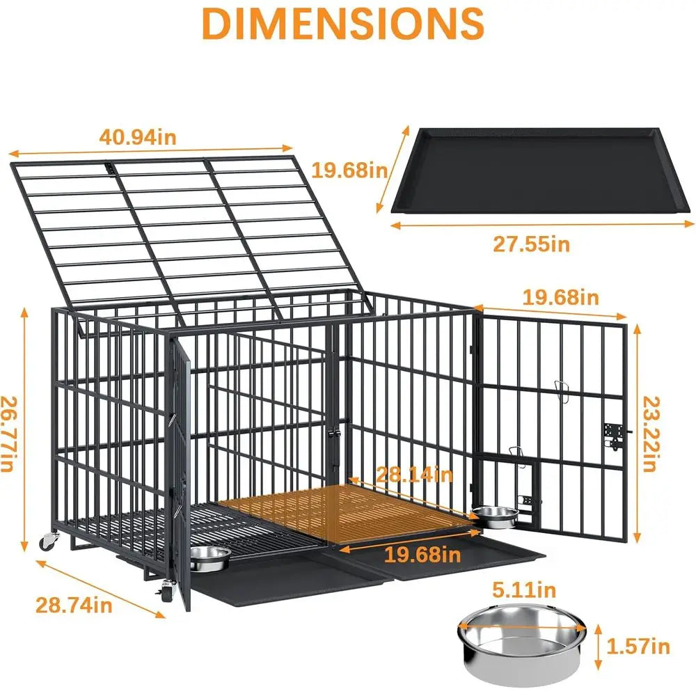 Double Dog Heavy Duty Metal Crate, Stackable with Wheels, Floor Grid, Tray, Divider, and Bowls