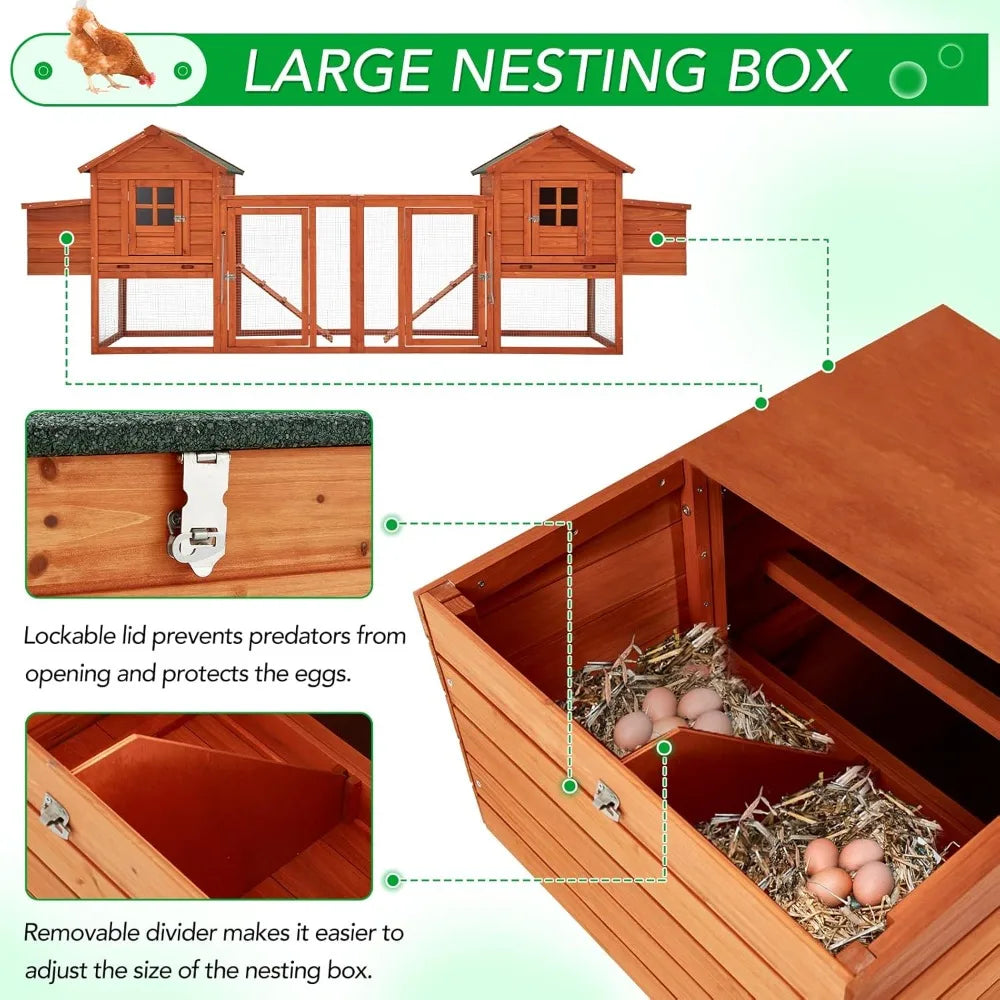 Large Chicken Coop for 10 Chickens with Run, Nesting Boxes, Removable Tray, Roosting Bars, Ramp - Outdoor Wooden Hen House