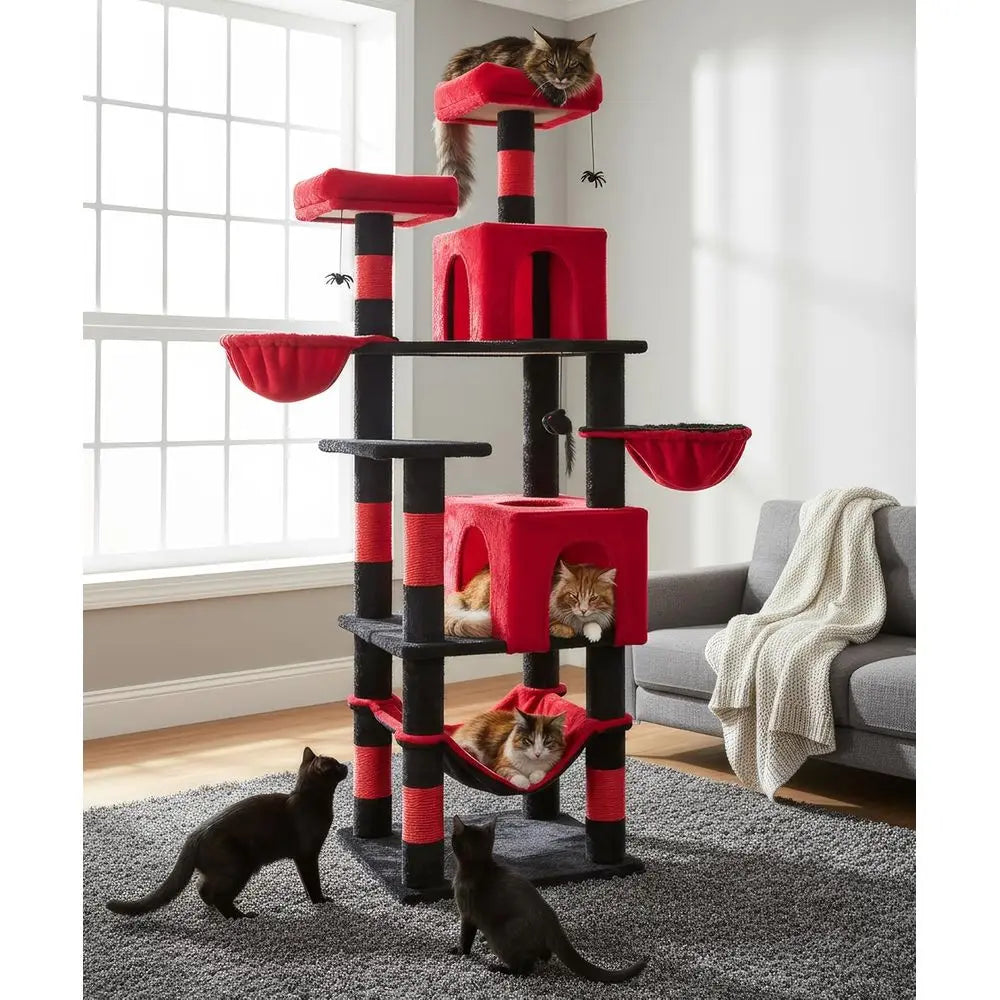 Gothic Cat Tree, 70 Inch Tall Cat Tower or Indoor Cats, Multi-Level Cat Tree with Scratching Post, Hammock, Hanging Basket, Larg
