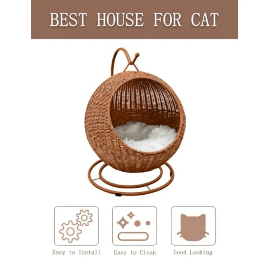 Wicker Cat Bed Indoor Outdoor Handwoven PP Rattan Cat Swing Bed with Removable Washable Cushion Breathable Waterproof Cat House