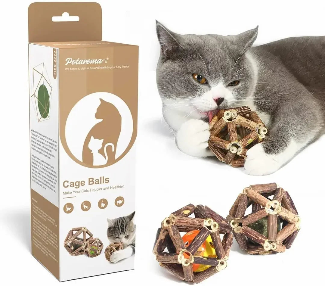 Natural Silvervine Cat Toys, 3Pcs Cage Balls & Bell Ball for Indoor Cats, Dental Chew, All Breeds