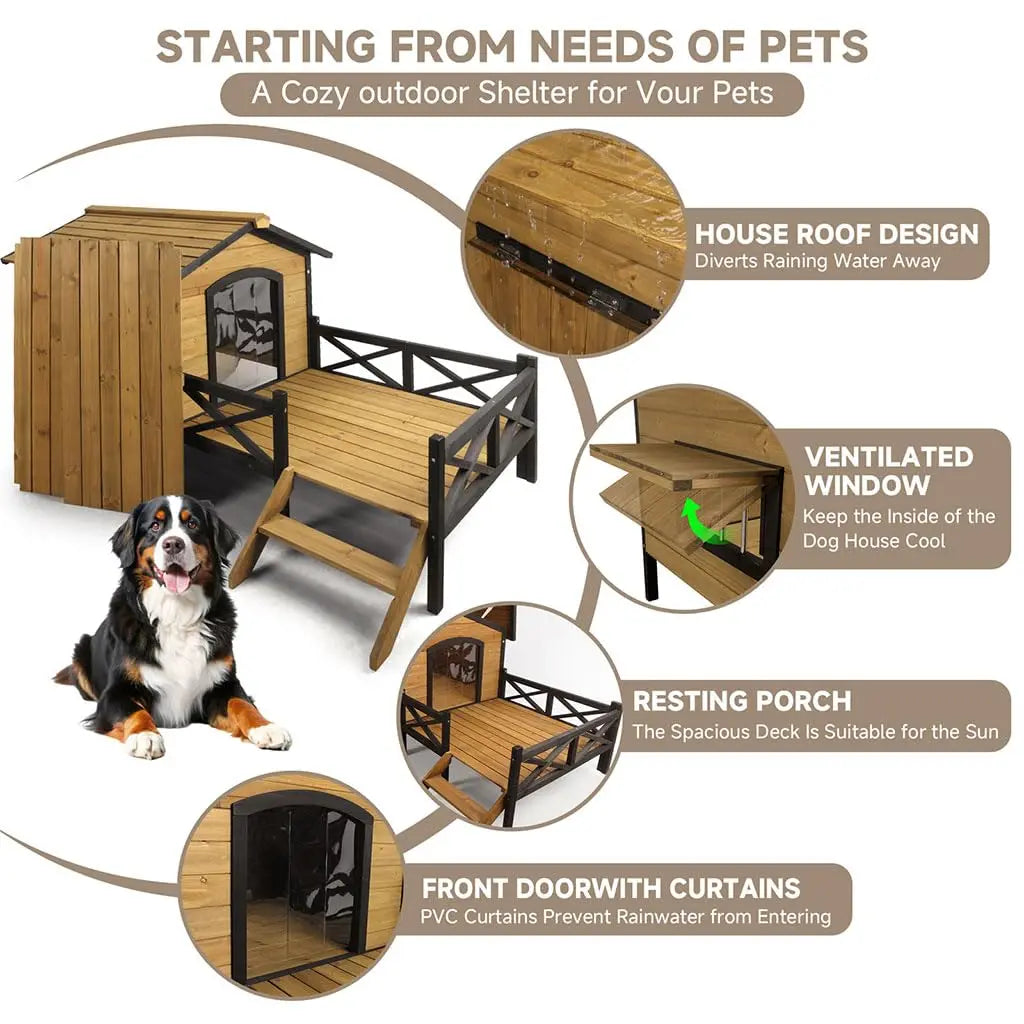 Large Wooden Dog House Weatherproof Elevated Outdoor Pet Shelter w/ Porch Deck 43.3"x69.9"x32.7", Custom