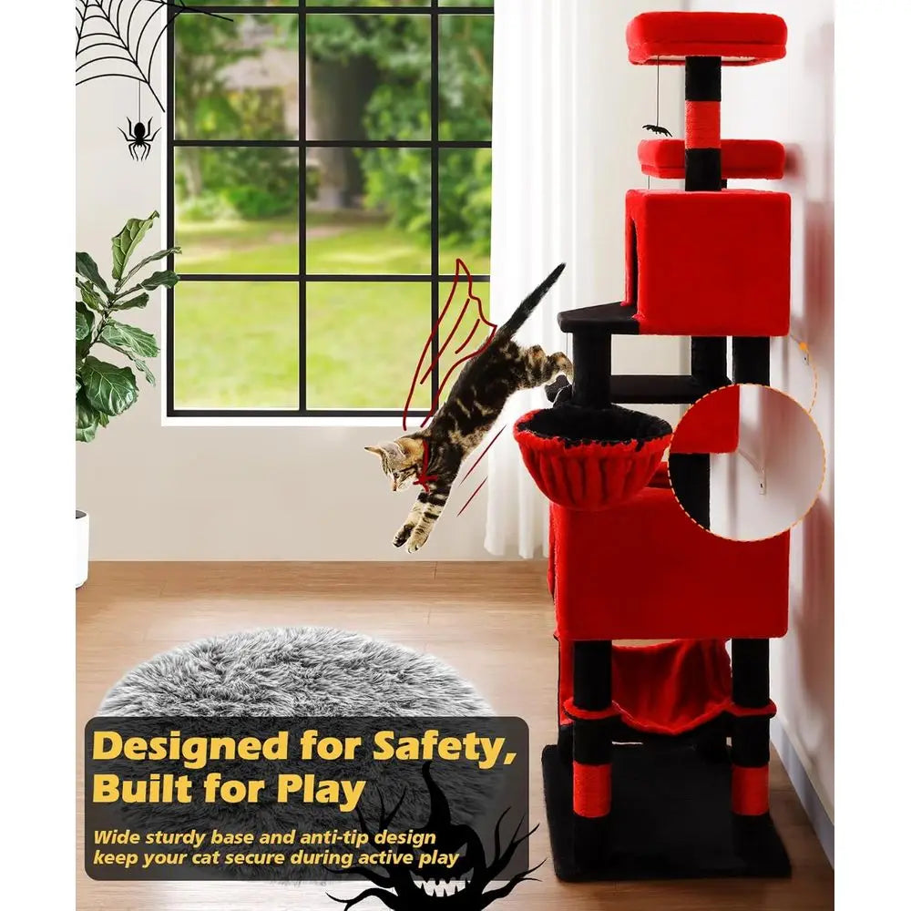 Gothic Cat Tree, 70 Inch Tall Cat Tower or Indoor Cats, Multi-Level Cat Tree with Scratching Post, Hammock, Hanging Basket, Larg