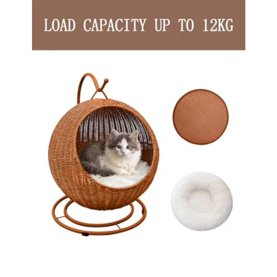 Wicker Cat Bed Indoor Outdoor Handwoven PP Rattan Cat Swing Bed with Removable Washable Cushion Breathable Waterproof Cat House