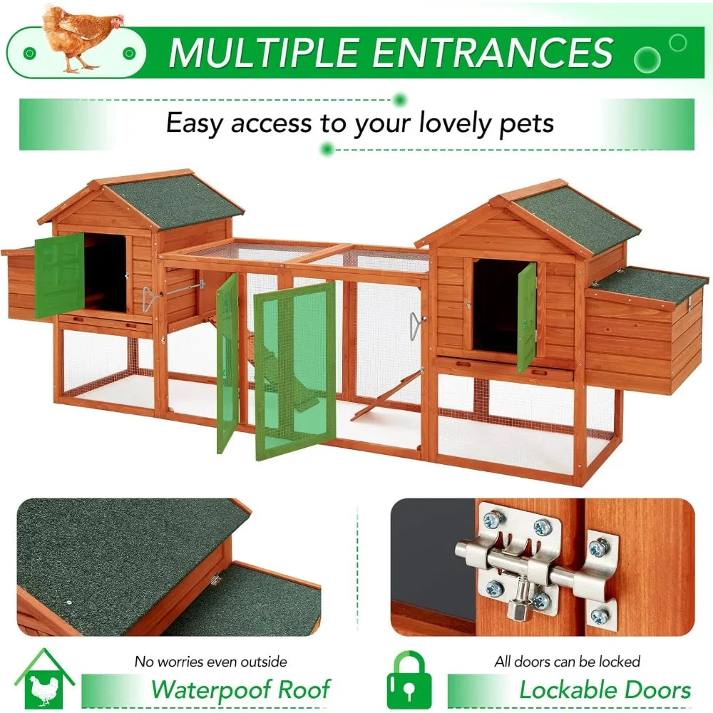 Large Chicken Coop for 10 Chickens with Run, Nesting Boxes, Removable Tray, Roosting Bars, Ramp - Outdoor Wooden Hen House