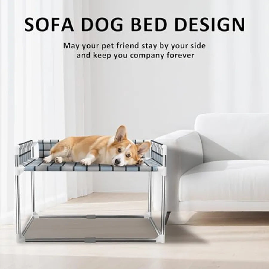 Bedside window pet cat bed for cats and dogs elevated wooden frame with soft gray fabric guardrail extension for safety fits hu