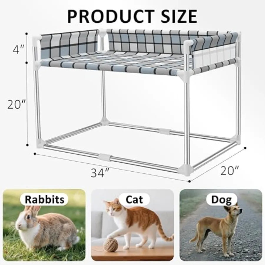 Bedside window pet cat bed for cats and dogs elevated wooden frame with soft gray fabric guardrail extension for safety fits hu