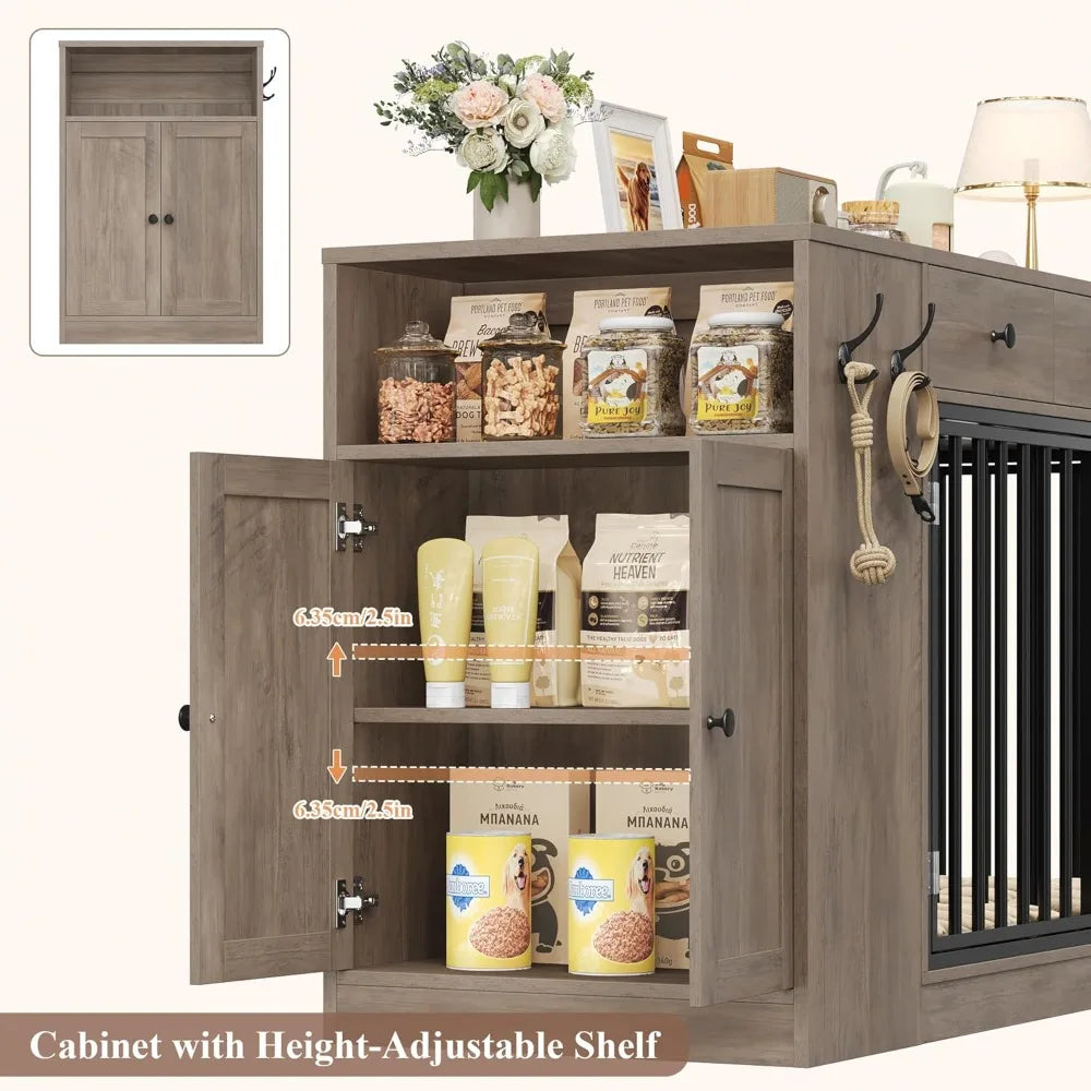 Dog Crate Furniture with Storage Drawers and Cabinet, Single/Double Dog Kennel Indoor with Removable Divider，Customized