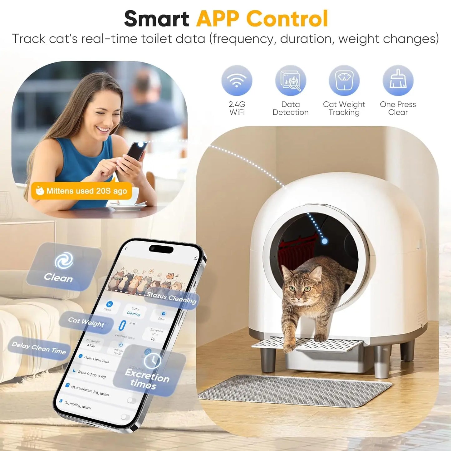 90L Large Self Cleaning Litter Box, App Control, Health Monitoring, Safety Sensors & Odor Removal for Multiple Cats, Custom