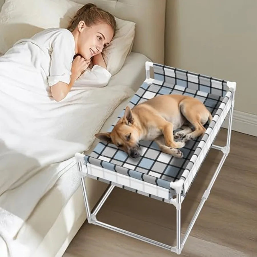 Bedside window pet cat bed for cats and dogs elevated wooden frame with soft gray fabric guardrail extension for safety fits hu