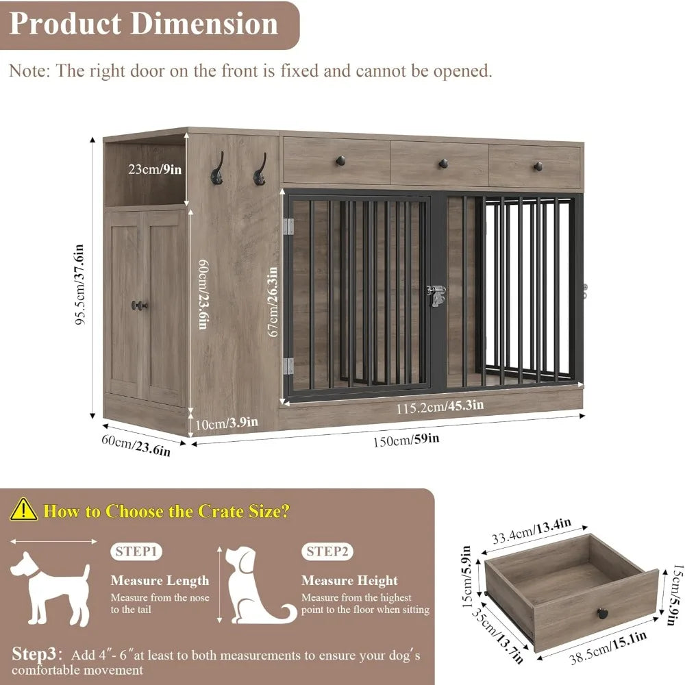 Dog Crate Furniture with Storage Drawers and Cabinet, Single/Double Dog Kennel Indoor with Removable Divider，Customized