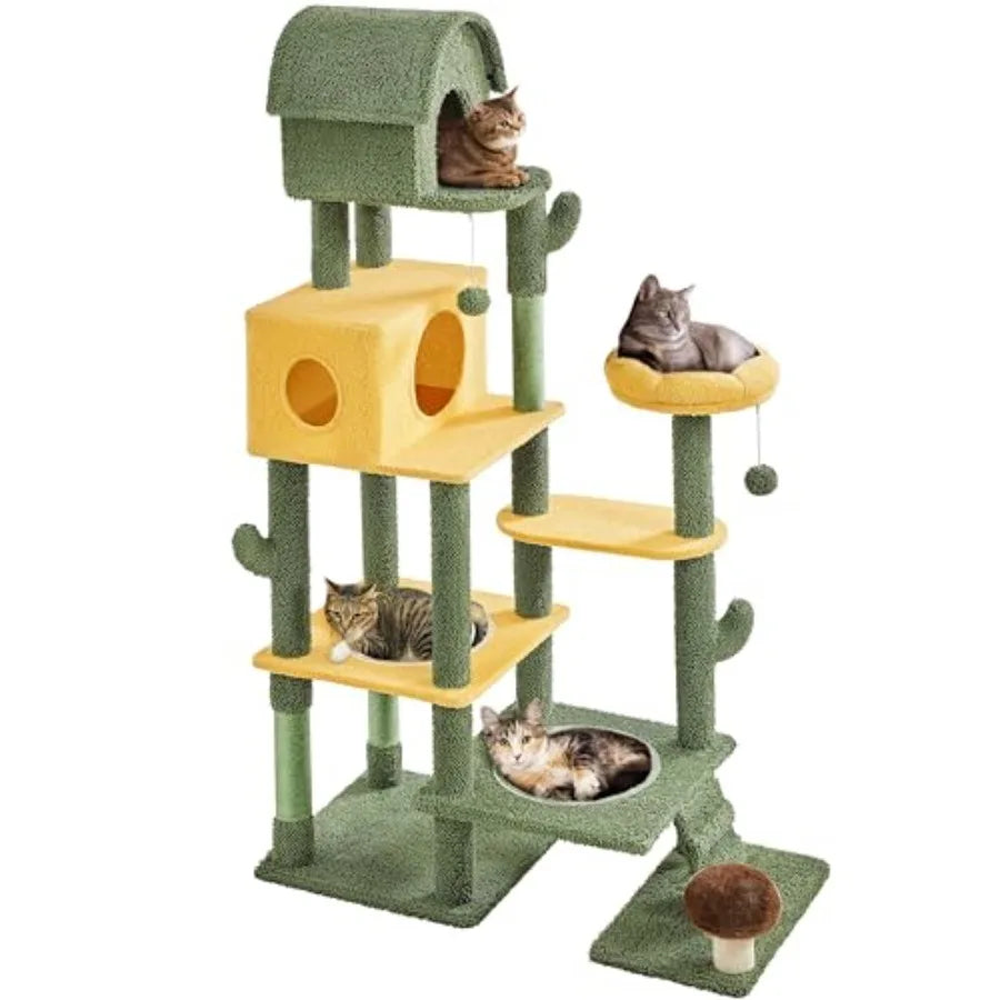 68.5in Tall Cactus Cat Tree Multi-Level Tower with 2 Large Condos Scratching Posts 2 Acrylic Clear Bowls Mushroom Perch Danglin