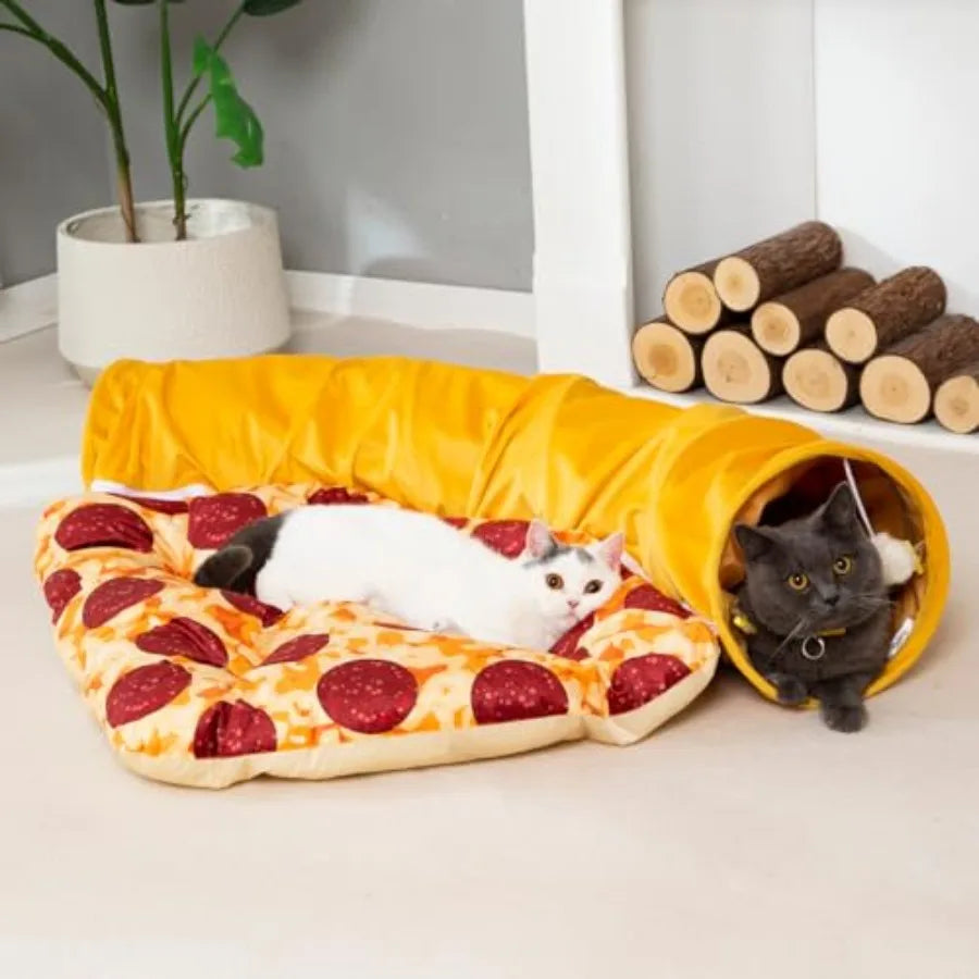 Cat Tunnel Bed - Peek-a-Boo Pizza Shape Design for Cozy and Playful Animals - 9.8 -Inch Diameter Yellow