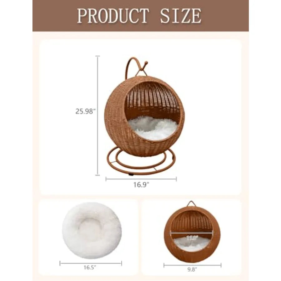 Wicker Cat Bed Indoor Outdoor Handwoven PP Rattan Cat Swing Bed with Removable Washable Cushion Breathable Waterproof Cat House