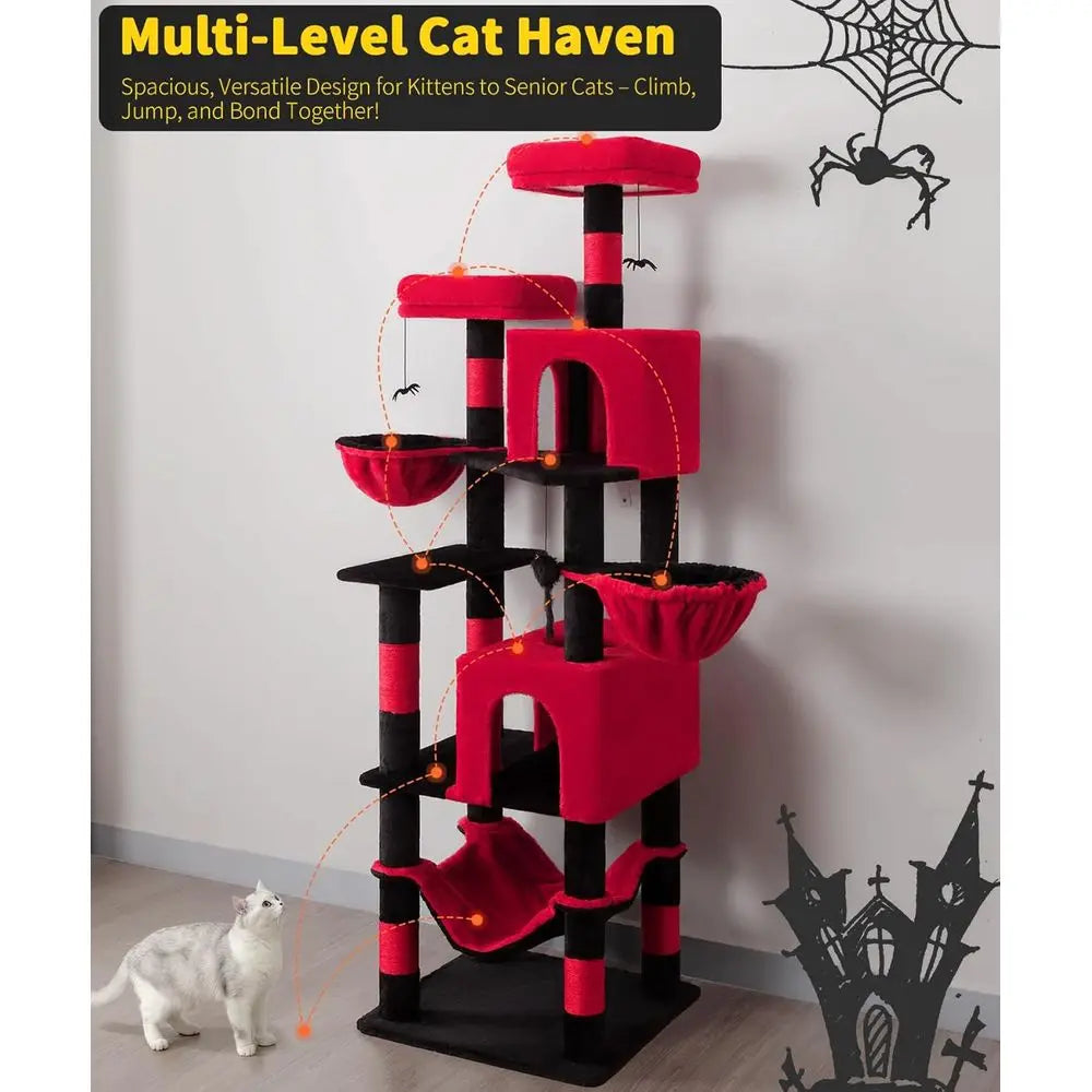 Gothic Cat Tree, 70 Inch Tall Cat Tower or Indoor Cats, Multi-Level Cat Tree with Scratching Post, Hammock, Hanging Basket, Larg