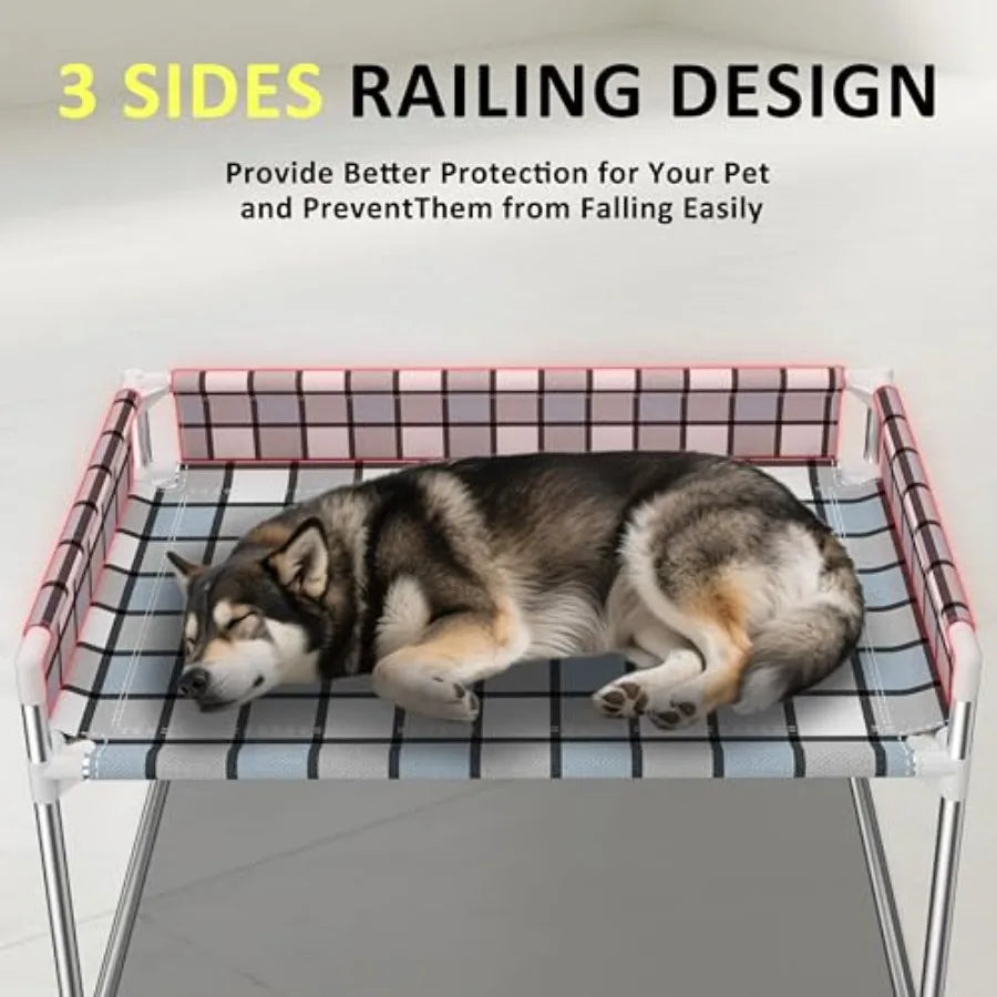 Bedside window pet cat bed for cats and dogs elevated wooden frame with soft gray fabric guardrail extension for safety fits hu