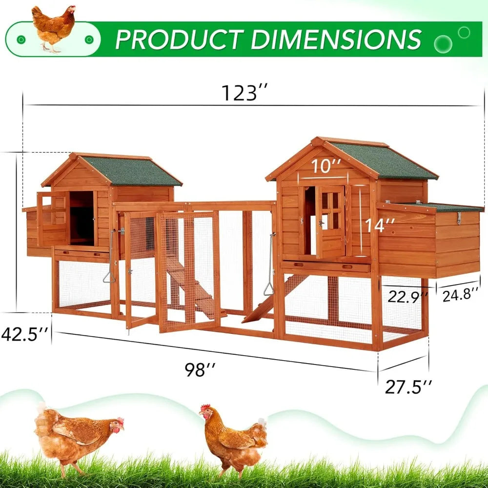 Large Chicken Coop for 10 Chickens with Run, Nesting Boxes, Removable Tray, Roosting Bars, Ramp - Outdoor Wooden Hen House