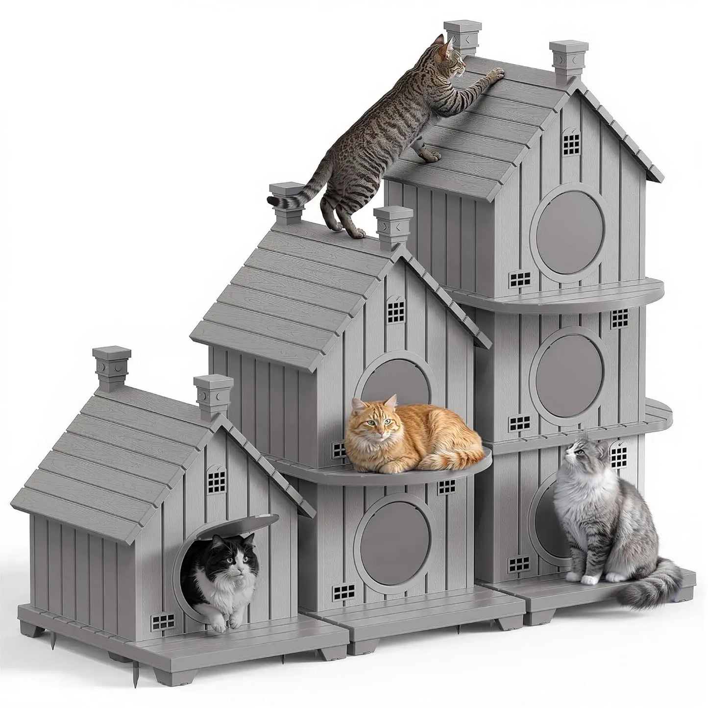 Multi-Level Waterproof Resin Cat House Condo Shelter Ventilated UV-Resistant Easy Clean for Multiple Cats, Custom