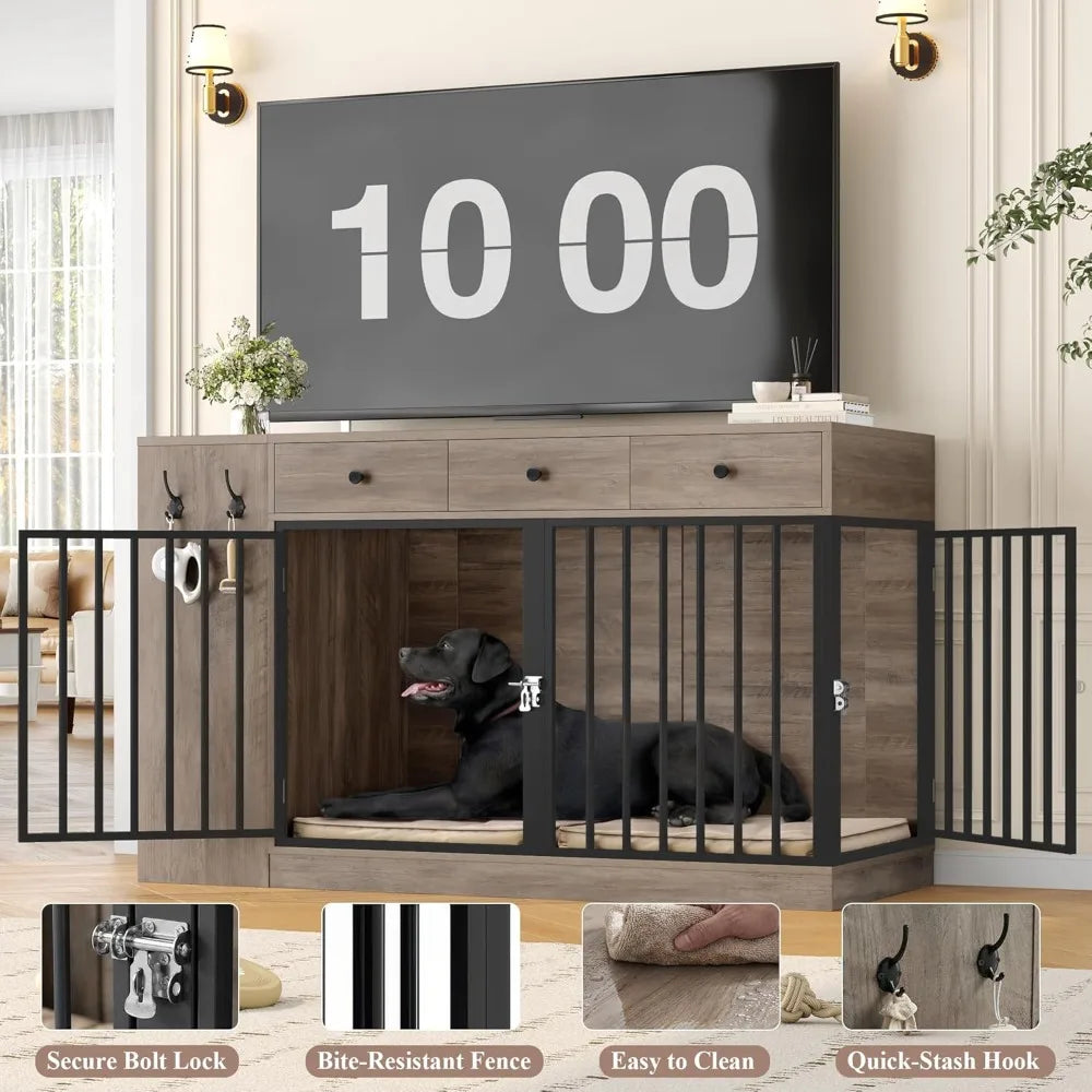 Dog Crate Furniture with Storage Drawers and Cabinet, Single/Double Dog Kennel Indoor with Removable Divider，Customized