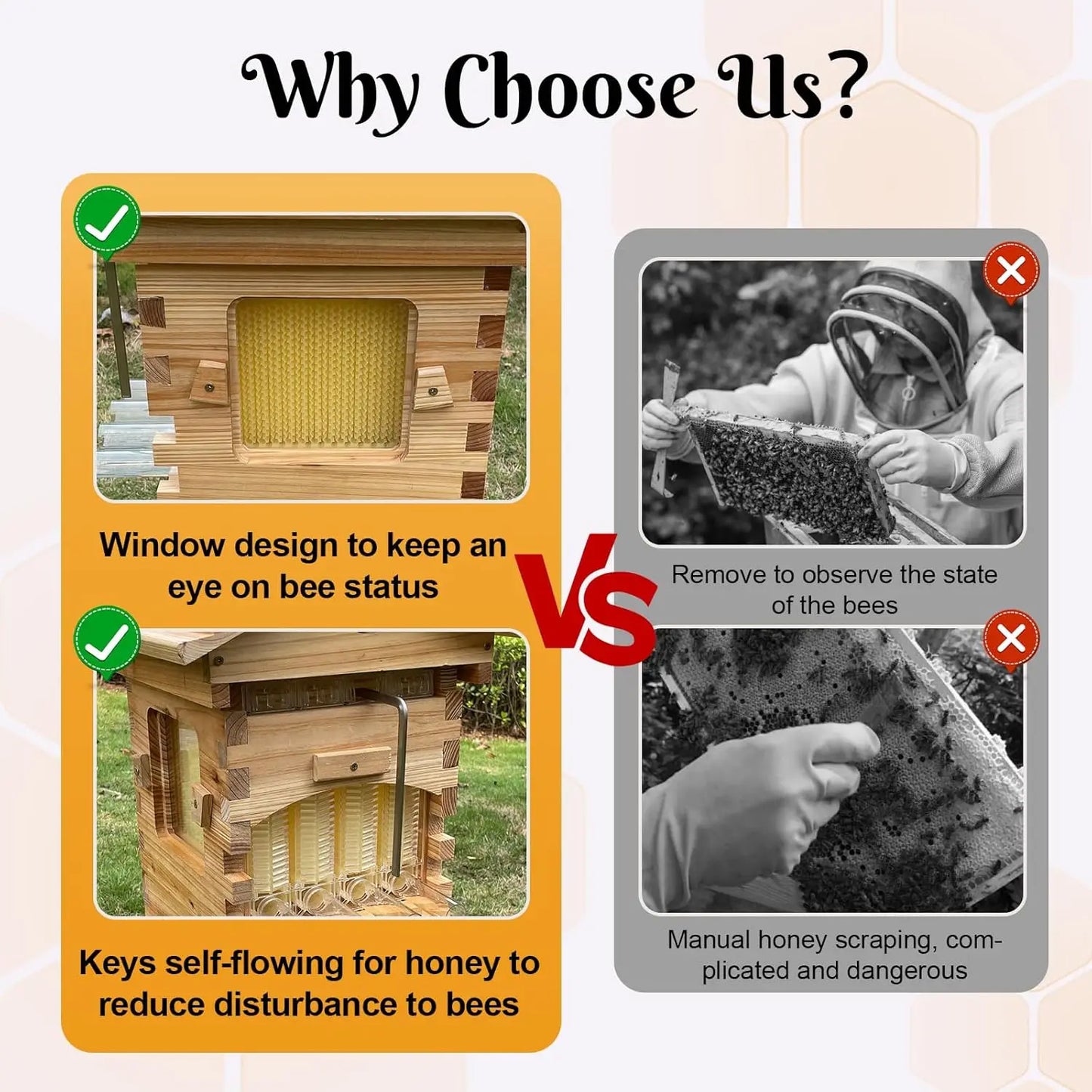 Auto Flow Wooden Honey Beehive Box Starter Kit with Observation Window Beekeeping Supplies for Backyard Garden, Custom