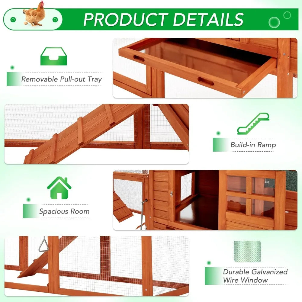 Large Chicken Coop for 10 Chickens with Run, Nesting Boxes, Removable Tray, Roosting Bars, Ramp - Outdoor Wooden Hen House