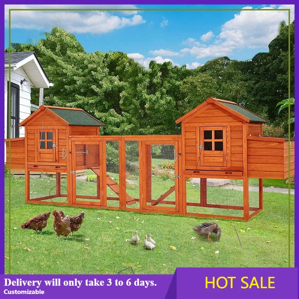 Large Chicken Coop for 10 Chickens with Run, Nesting Boxes, Removable Tray, Roosting Bars, Ramp - Outdoor Wooden Hen House