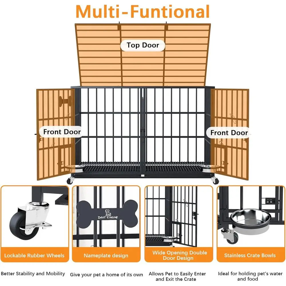 Double Dog Heavy Duty Metal Crate, Stackable with Wheels, Floor Grid, Tray, Divider, and Bowls