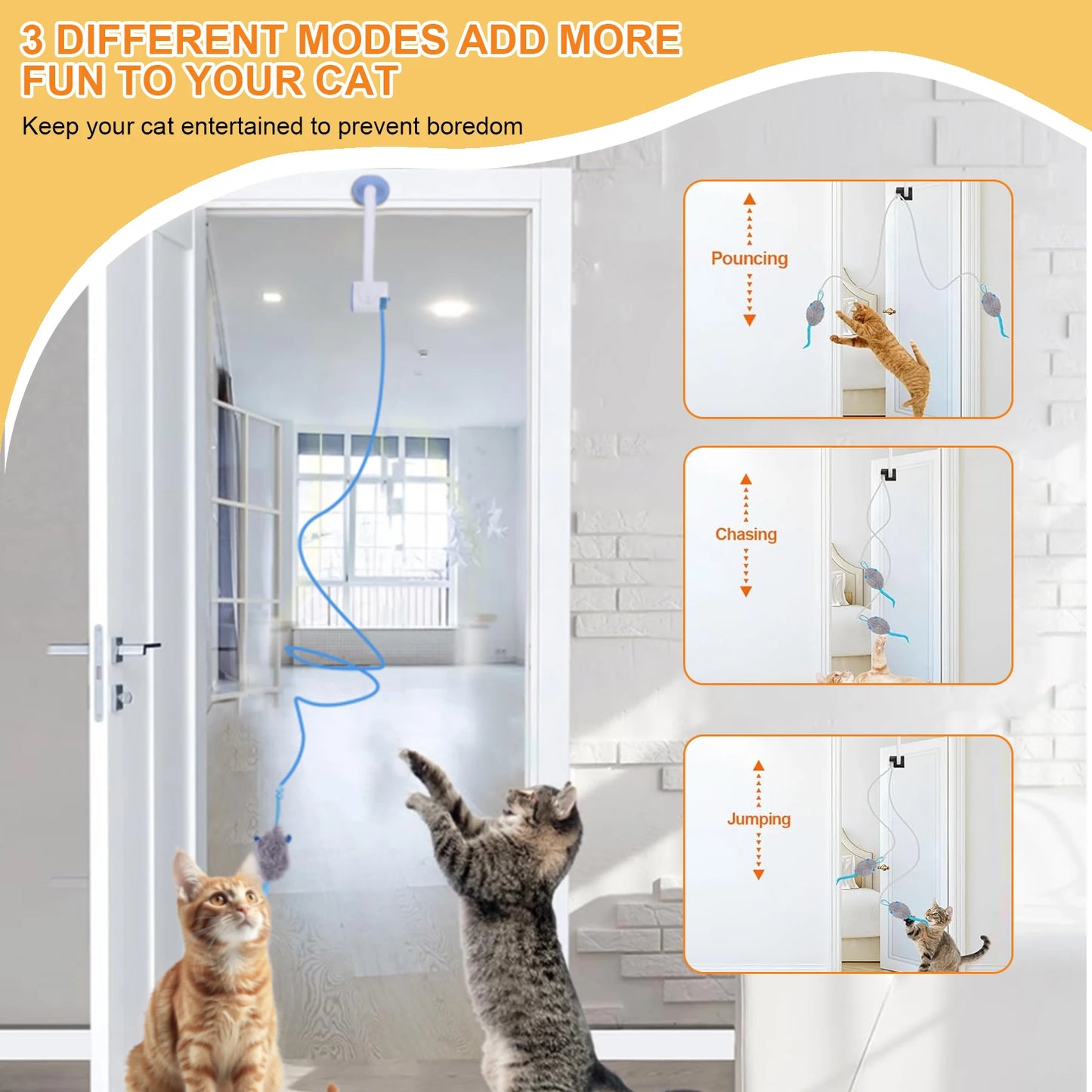 Teaser Electronic Self Play Feather Cat String Toy with 3 Catnip Mice Self Play Hanging Door Cat Mouse Toys for Indoor Cats