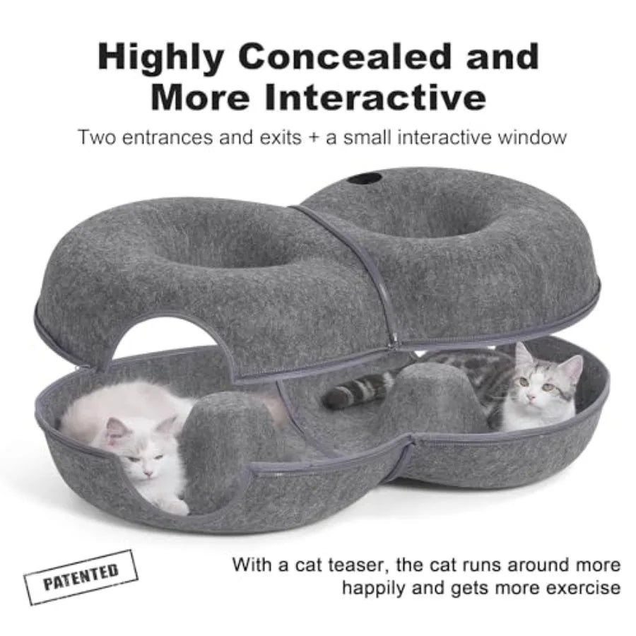 Indoor cat tunnel bed: 8-shaped large donut tunnel in gray fabric soft plush material infinite circulation design with 12 toy b