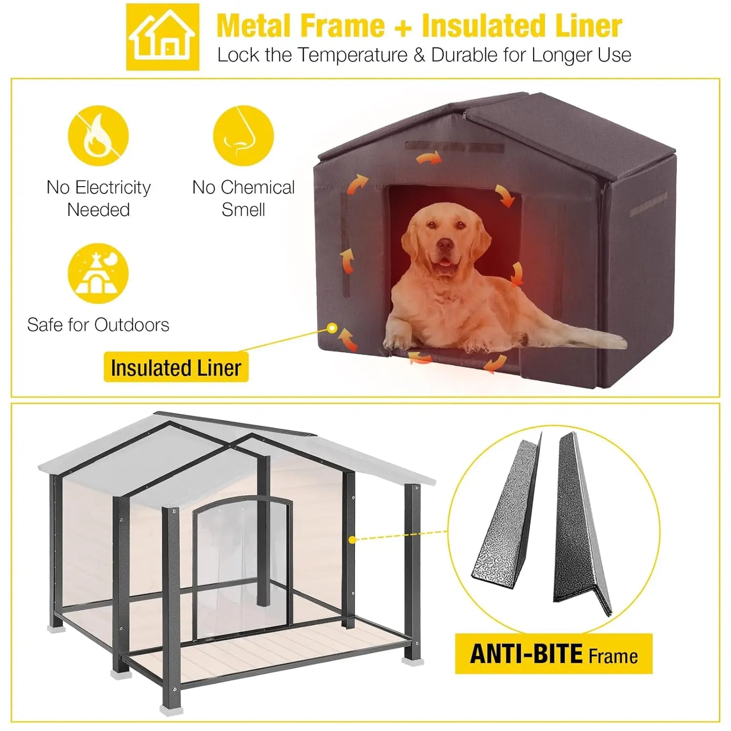 Insulated Outdoor Dog House Metal Frame Weatherproof Large Breed Shelter 41.5in Durable Kennel, Custom
