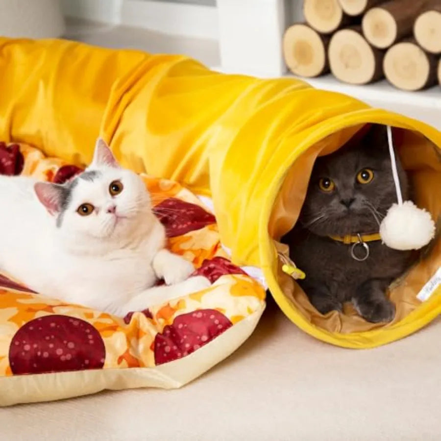 Cat Tunnel Bed - Peek-a-Boo Pizza Shape Design for Cozy and Playful Animals - 9.8 -Inch Diameter Yellow